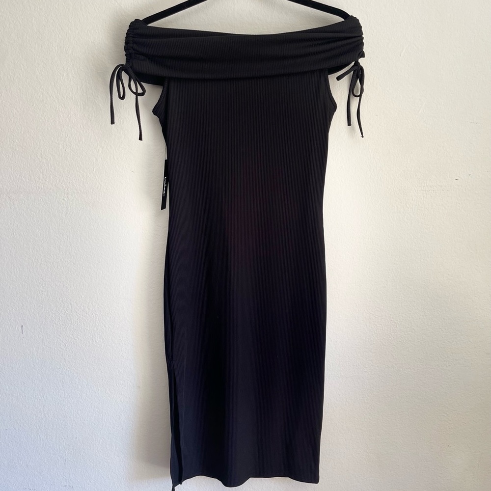 LULUS, Off Shoulder Dress, Black, Brand New With Tags, Side Slit, Size L